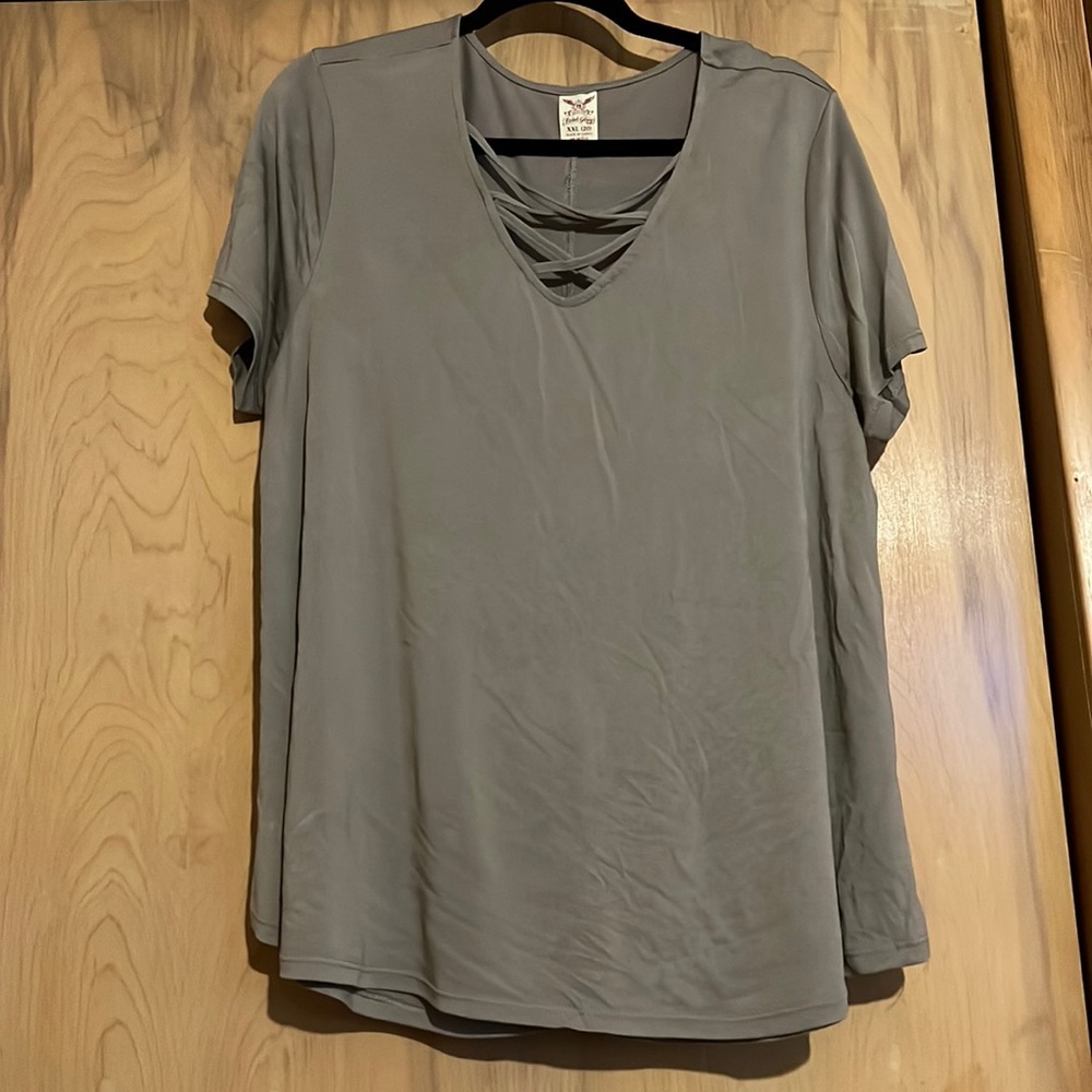 Faded glory cross cross v neck tshirt.  Beige, short sleeve